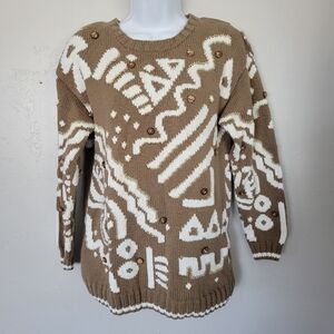 Marisa Christina Collection Knitted by Hand Small Brown Knit Sweater White Bead